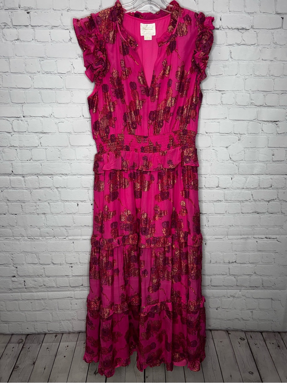 Shoshanna Maren Metallic Floral Maxi Dress Fuchsia Gold - Picture 3 of 6